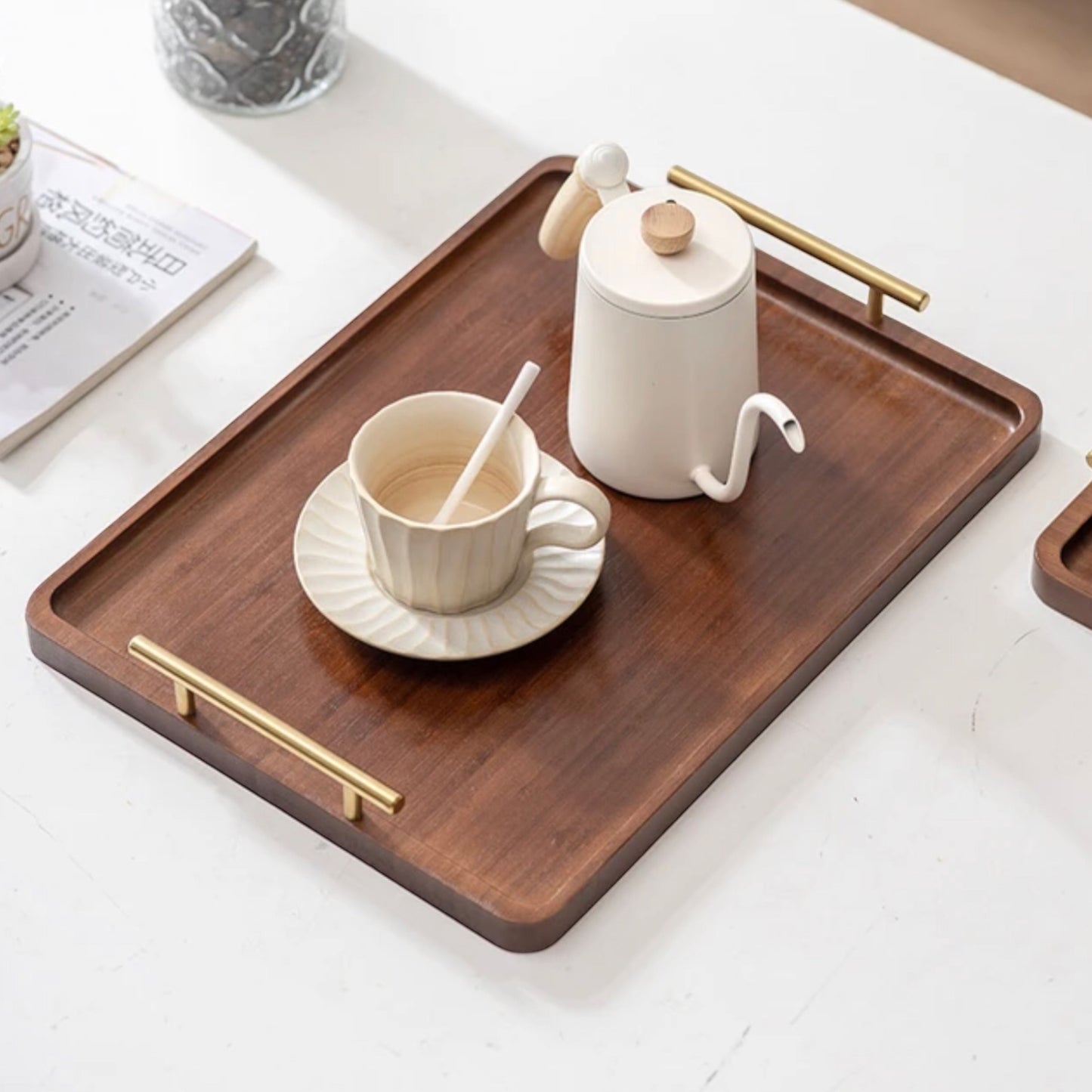Wooden Serving Tray with Gold Metal Handles - Stylish Vintage Look