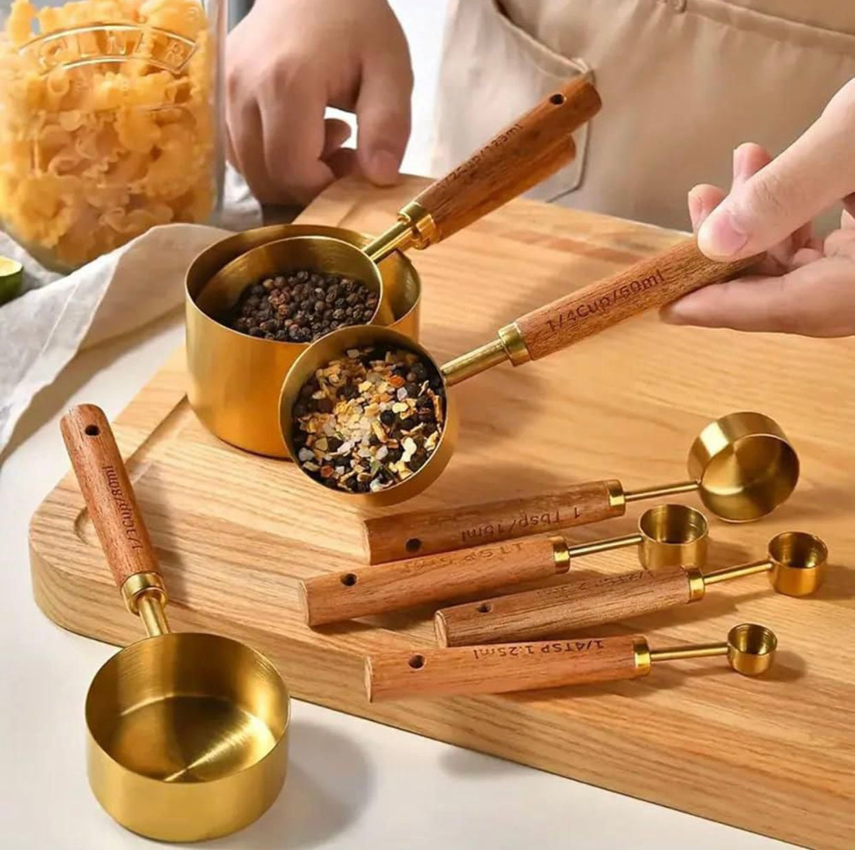 Gold Stainless Steel Measuring Cups & Spoons Set with Wooden Handles – 8 Piece