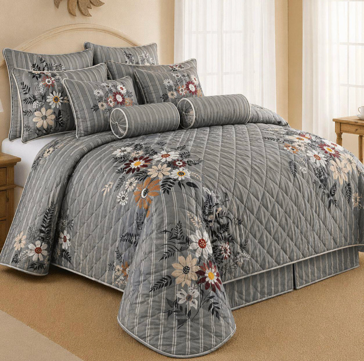 King Size 9-Piece Quilted Comforter Set 230x235cm – Bedding Set with Pillowcases, Cushion Covers & Neck Roll Pillows