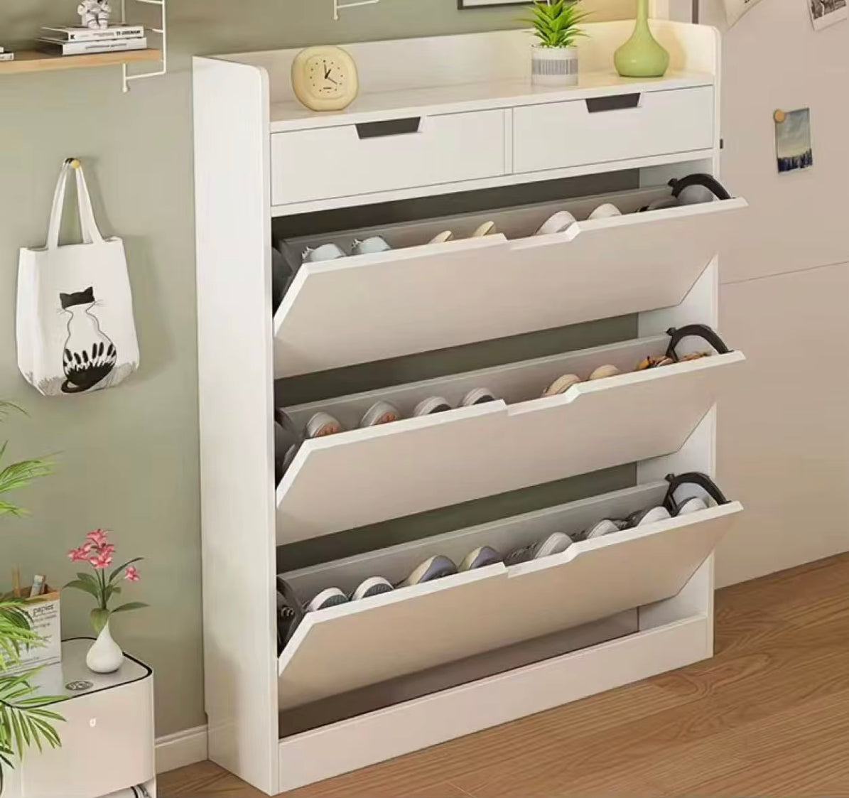 White Wooden Shoe Cabinet with Drawers
