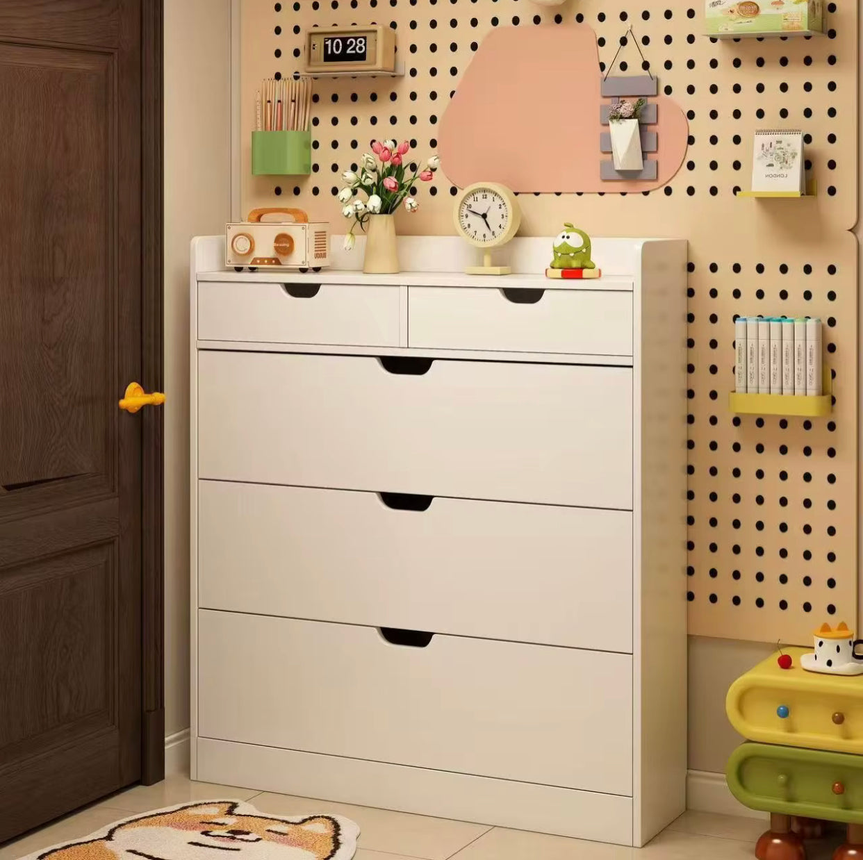 White Wooden Shoe Cabinet with Drawers