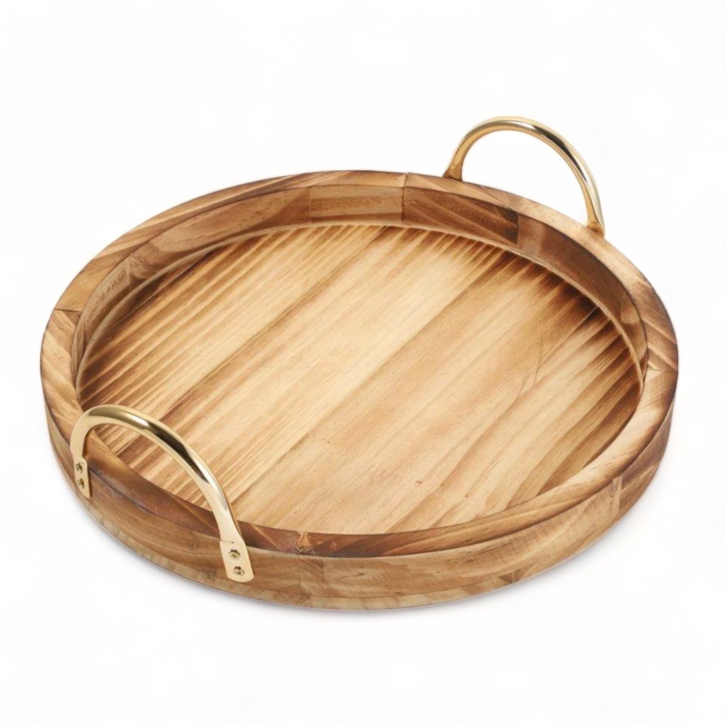 Charming Wooden Round Serving Tray Set With Metal Handles