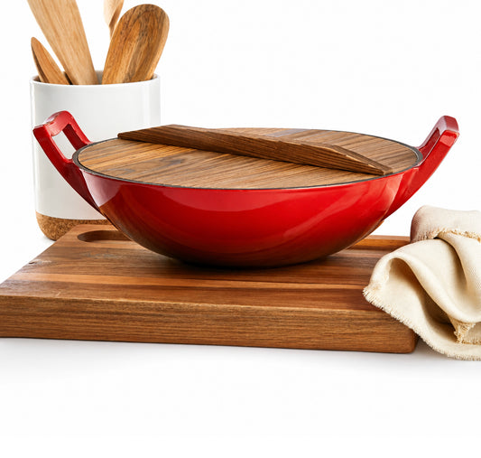 Cast Iron Wok with Wooden Lid, 1.5L Capacity