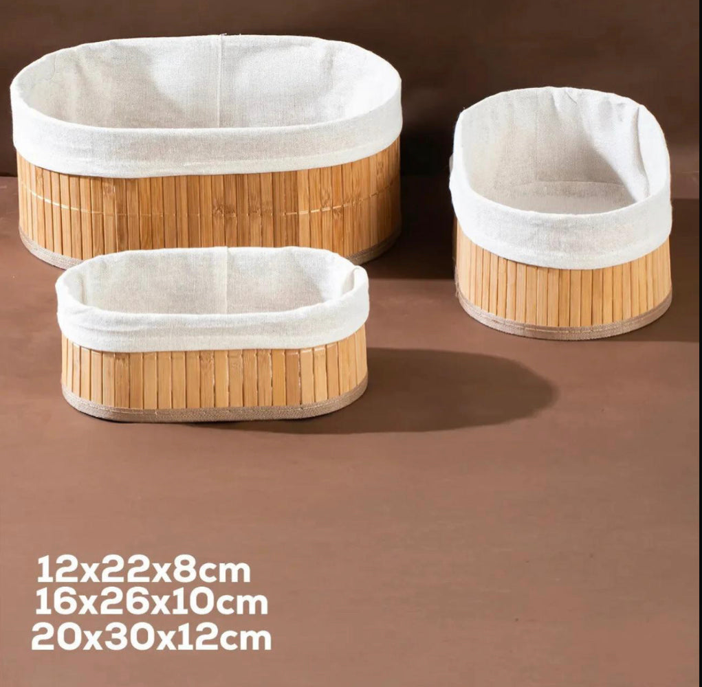 3 Piece Oval Bamboo Storage Basket Set with Fabric Lining