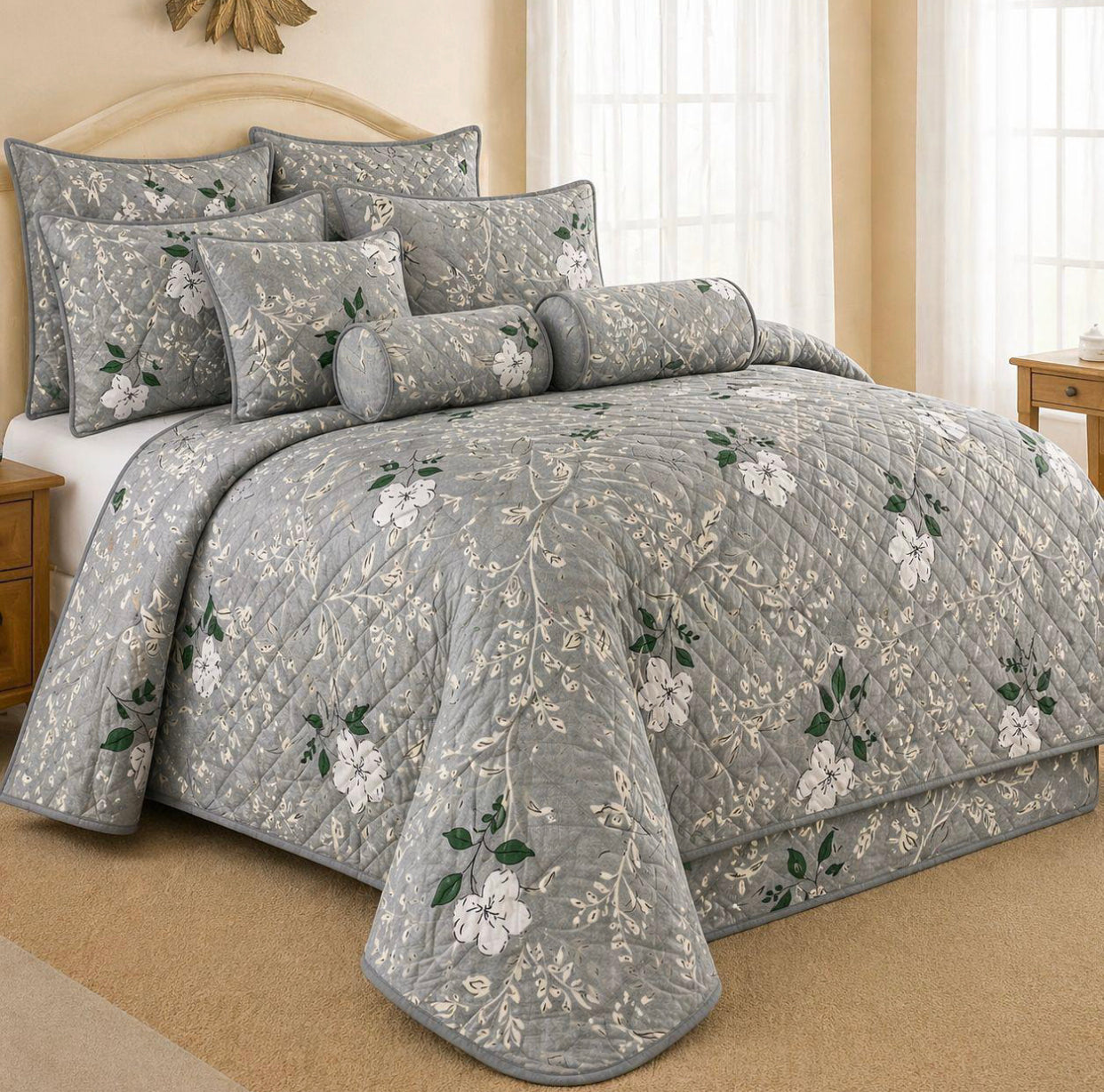 King Size 9-Piece Quilted Comforter Set 230x235cm – Bedding Set with Pillowcases, Cushion Covers & Neck Roll Pillows