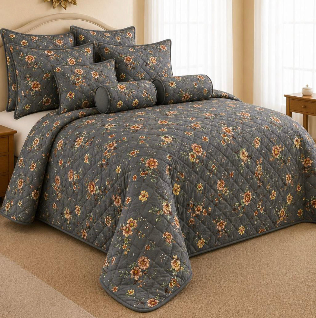 King Size 9-Piece Quilted Comforter Set 230x235cm – Bedding Set with Pillowcases, Cushion Covers & Neck Roll Pillows