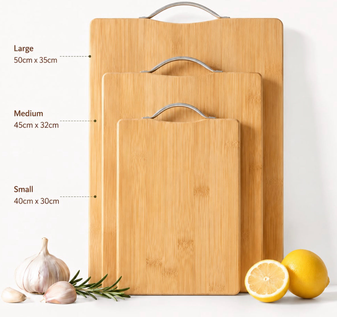3 Set Bamboo Cutting Board with Stainless Steel Handle