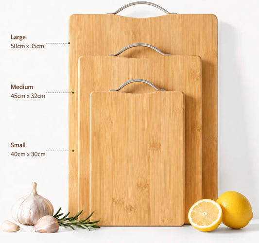 3 Set Bamboo Cutting Board with Stainless Steel Handle