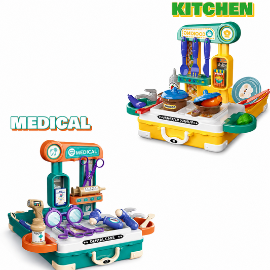 2 in 1 Kids Pretend Play Kitchen & Medical Doctor Suitcase Set