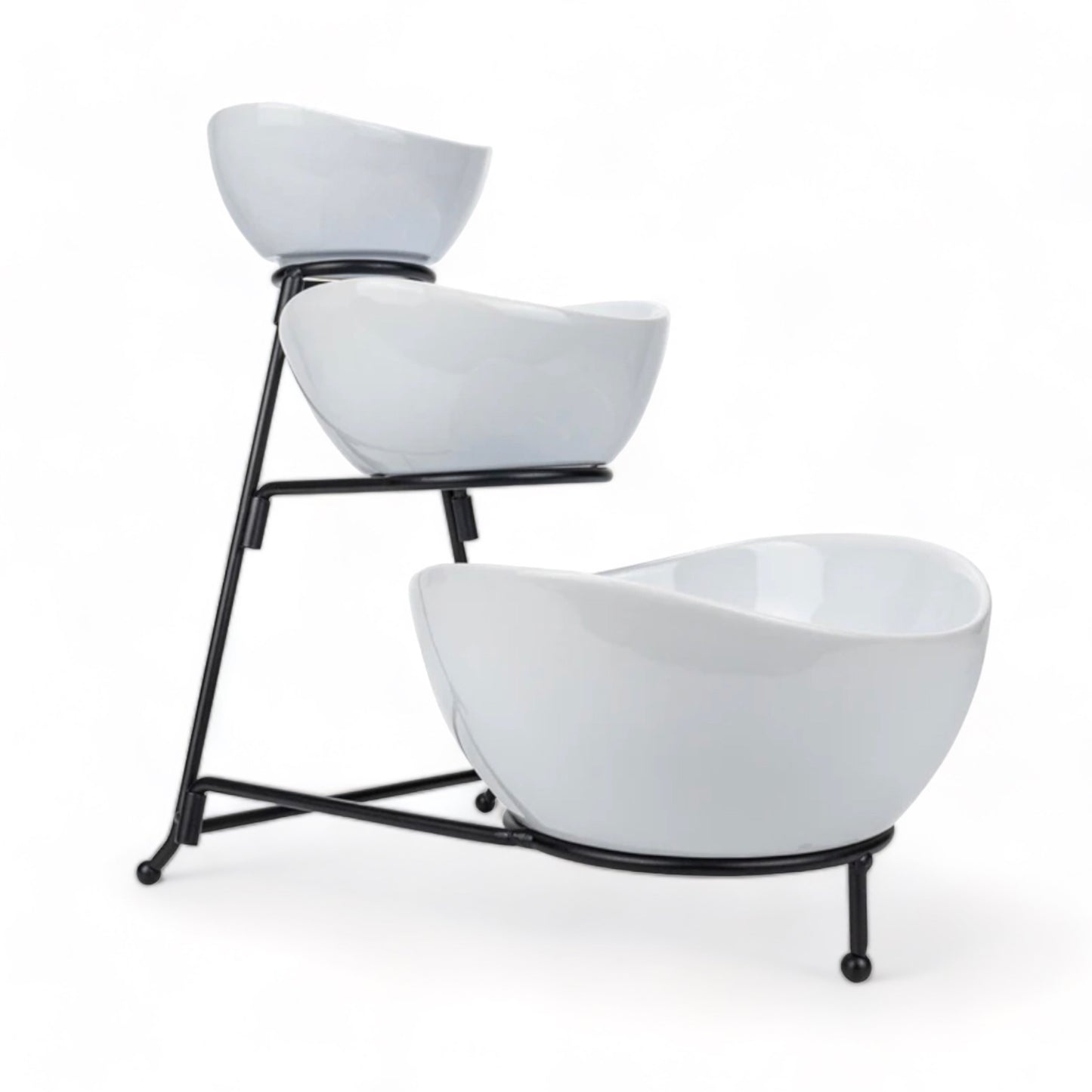 3 Tier White Ceramic Oval Bowl Set with Collapsible Metal Rack