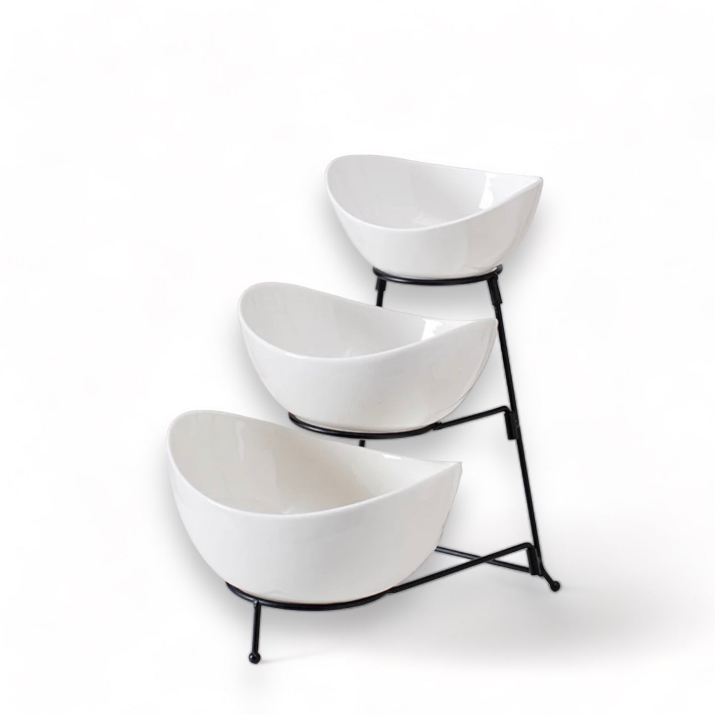 3 Tier White Ceramic Oval Bowl Set with Collapsible Metal Rack
