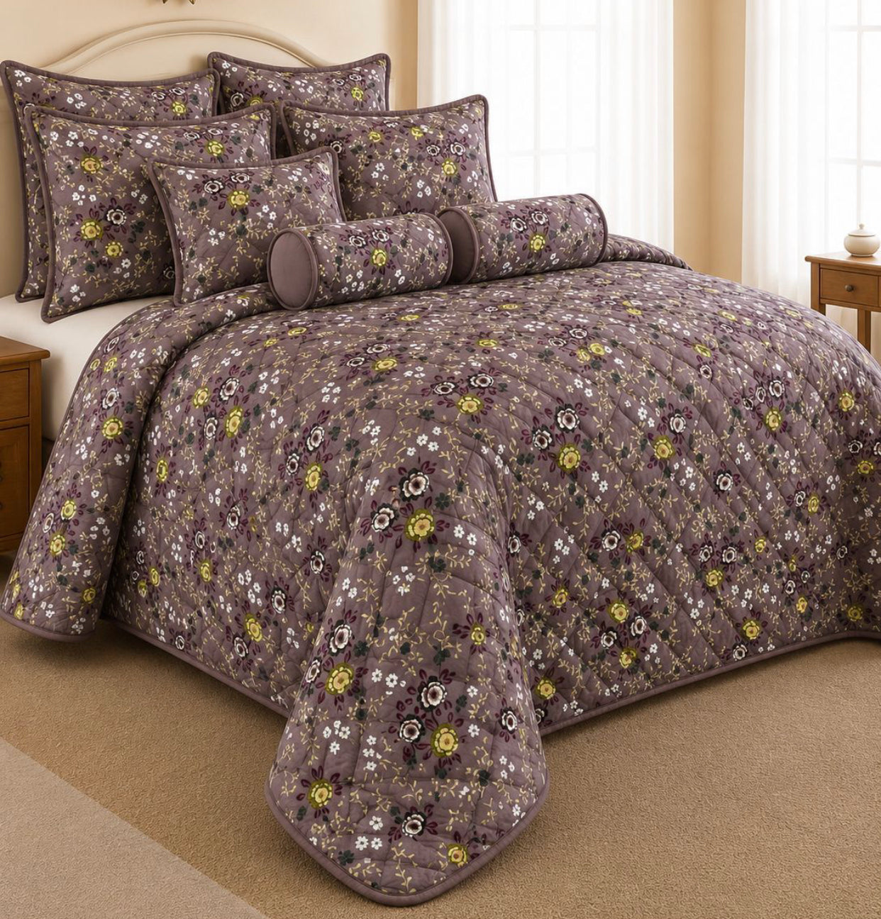 King Size 9-Piece Quilted Comforter Set 230x235cm – Bedding Set with Pillowcases, Cushion Covers & Neck Roll Pillows