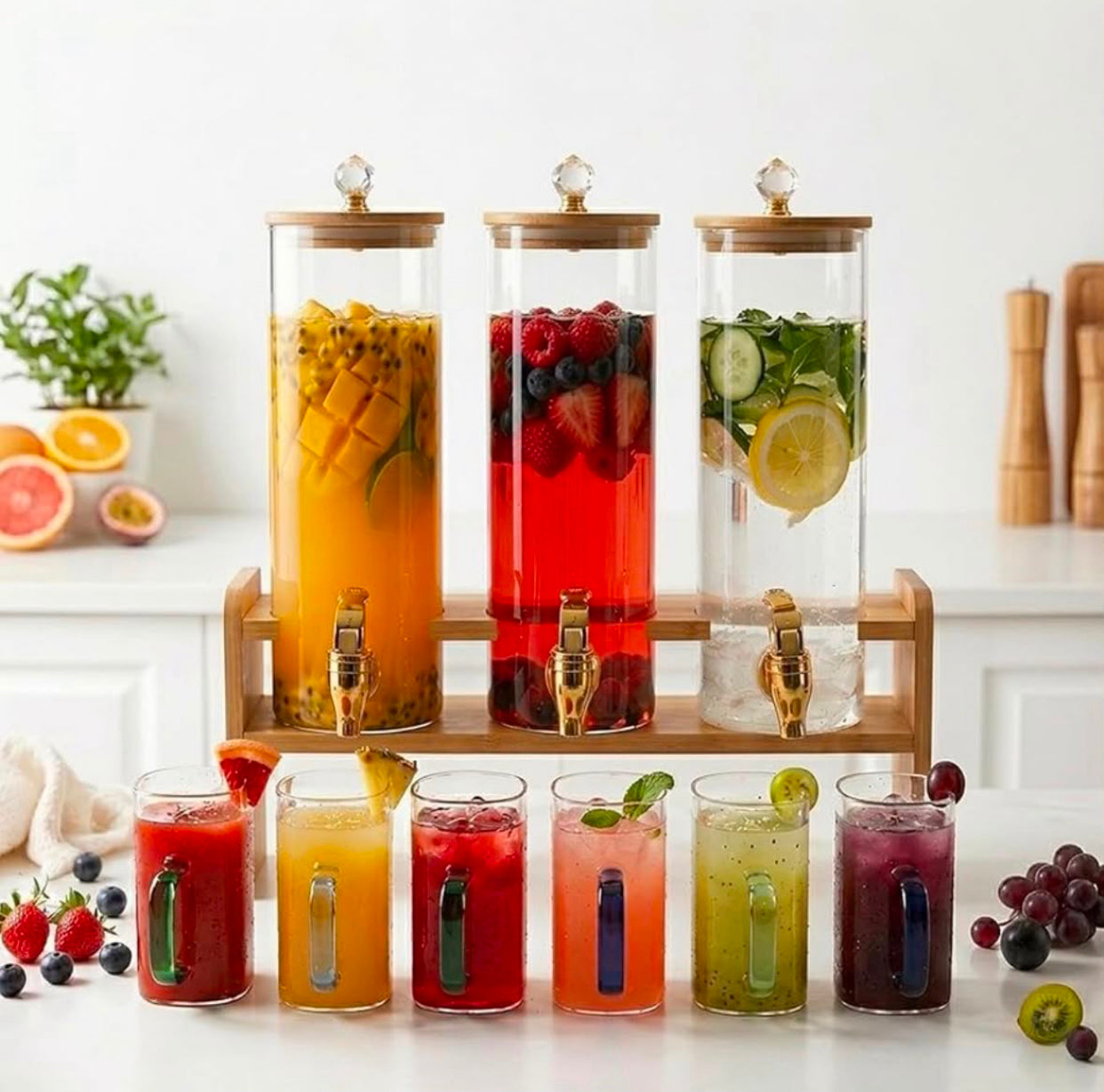 Triple Glass Beverage Dispenser with Bamboo Stand & 3 x 1850ml Dispenser