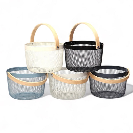 Round Mesh Storage Basket with Wooden Handle