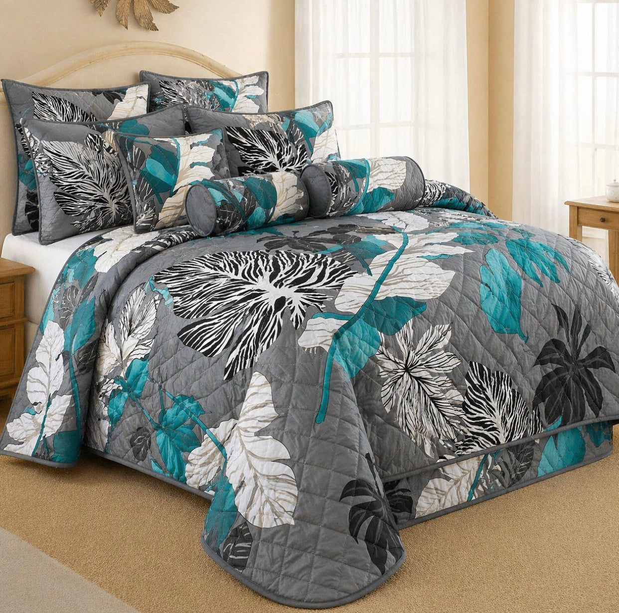 King Size 9-Piece Quilted Comforter Set 230x235cm – Bedding Set with Pillowcases, Cushion Covers & Neck Roll Pillows