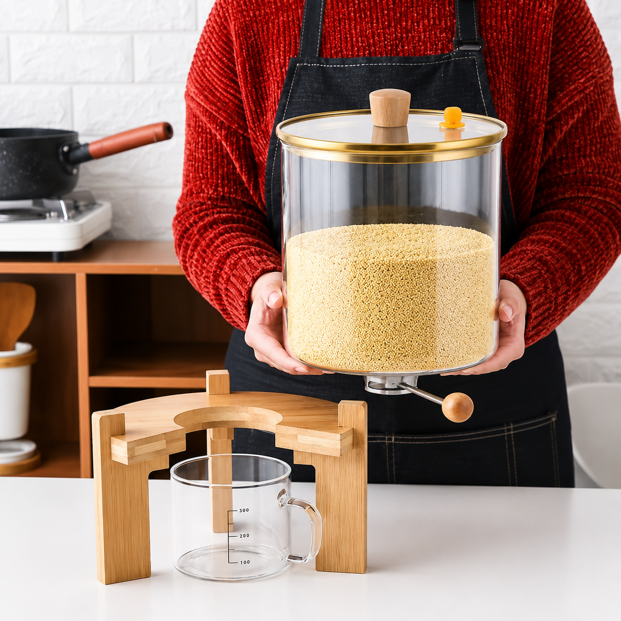 Glass Dry Ingredients Dispenser with Bamboo Stand & Measuring Cup (5.5L / 8L)