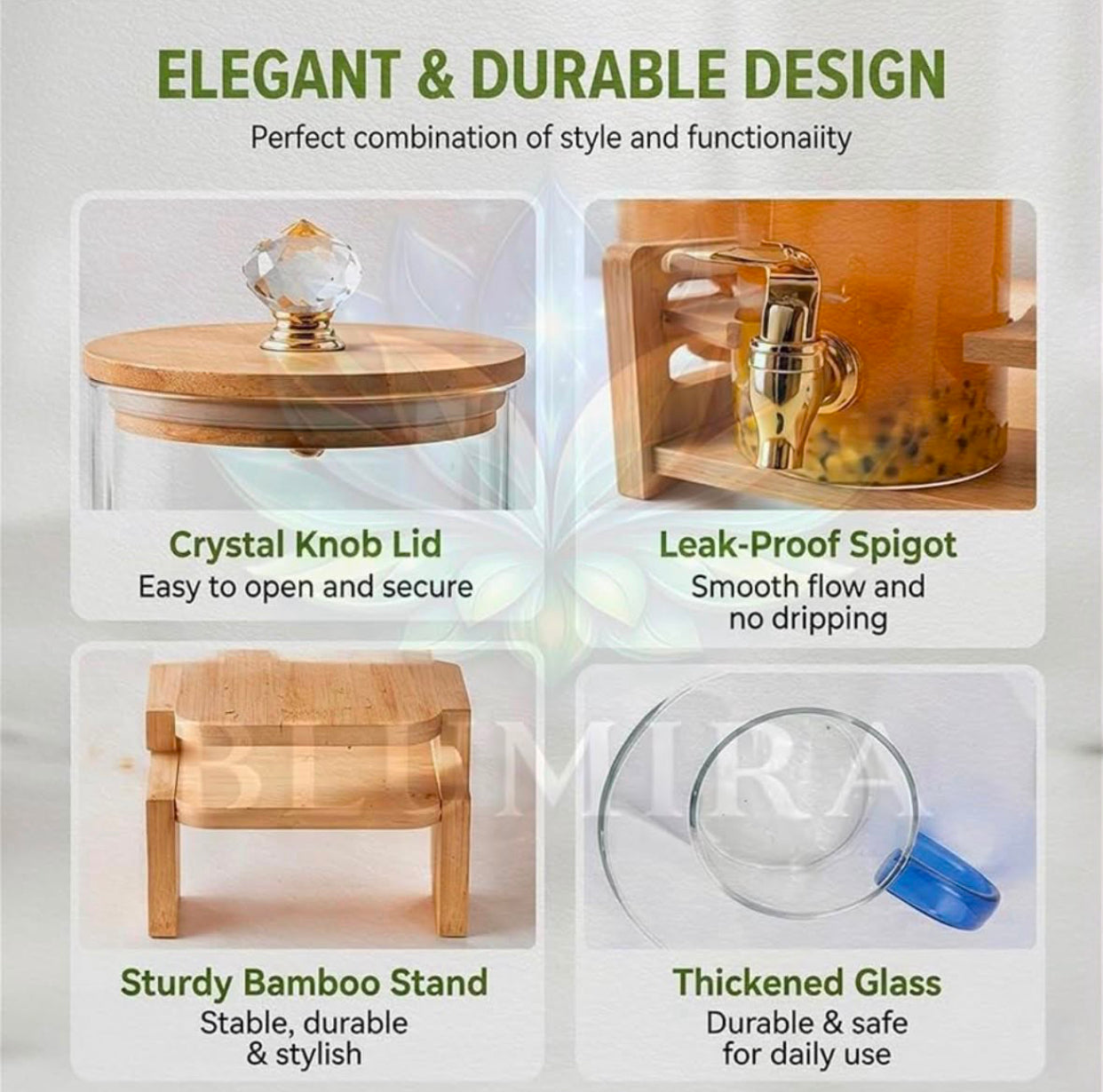 Triple Glass Beverage Dispenser with Bamboo Stand & 3 x 1850ml Dispenser