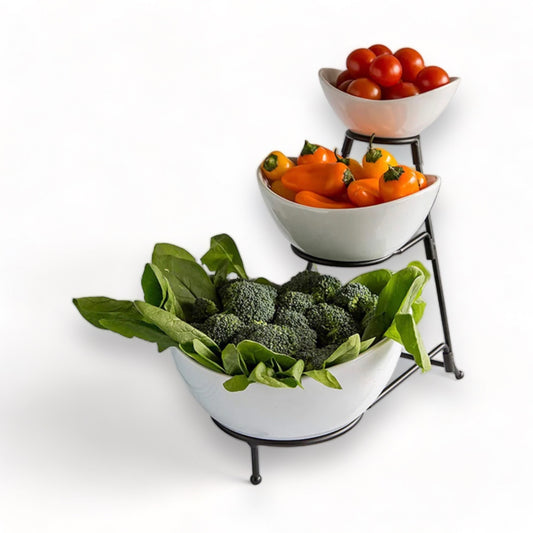 3 Tier White Ceramic Oval Bowl Set with Collapsible Metal Rack