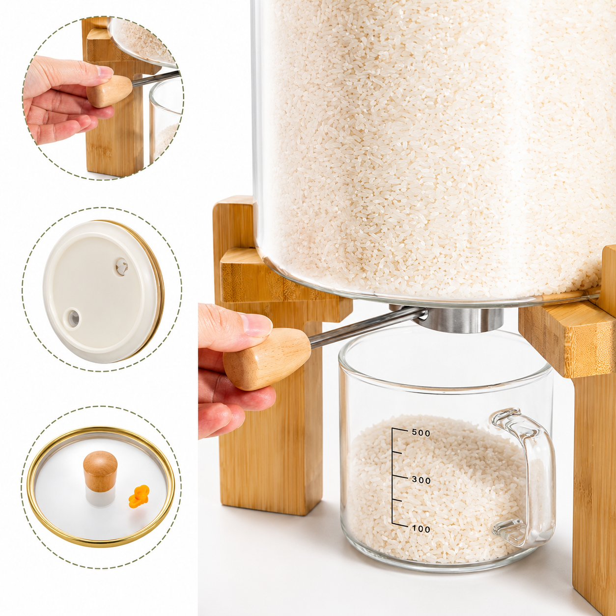 Glass Dry Ingredients Dispenser with Bamboo Stand & Measuring Cup (5.5L / 8L)