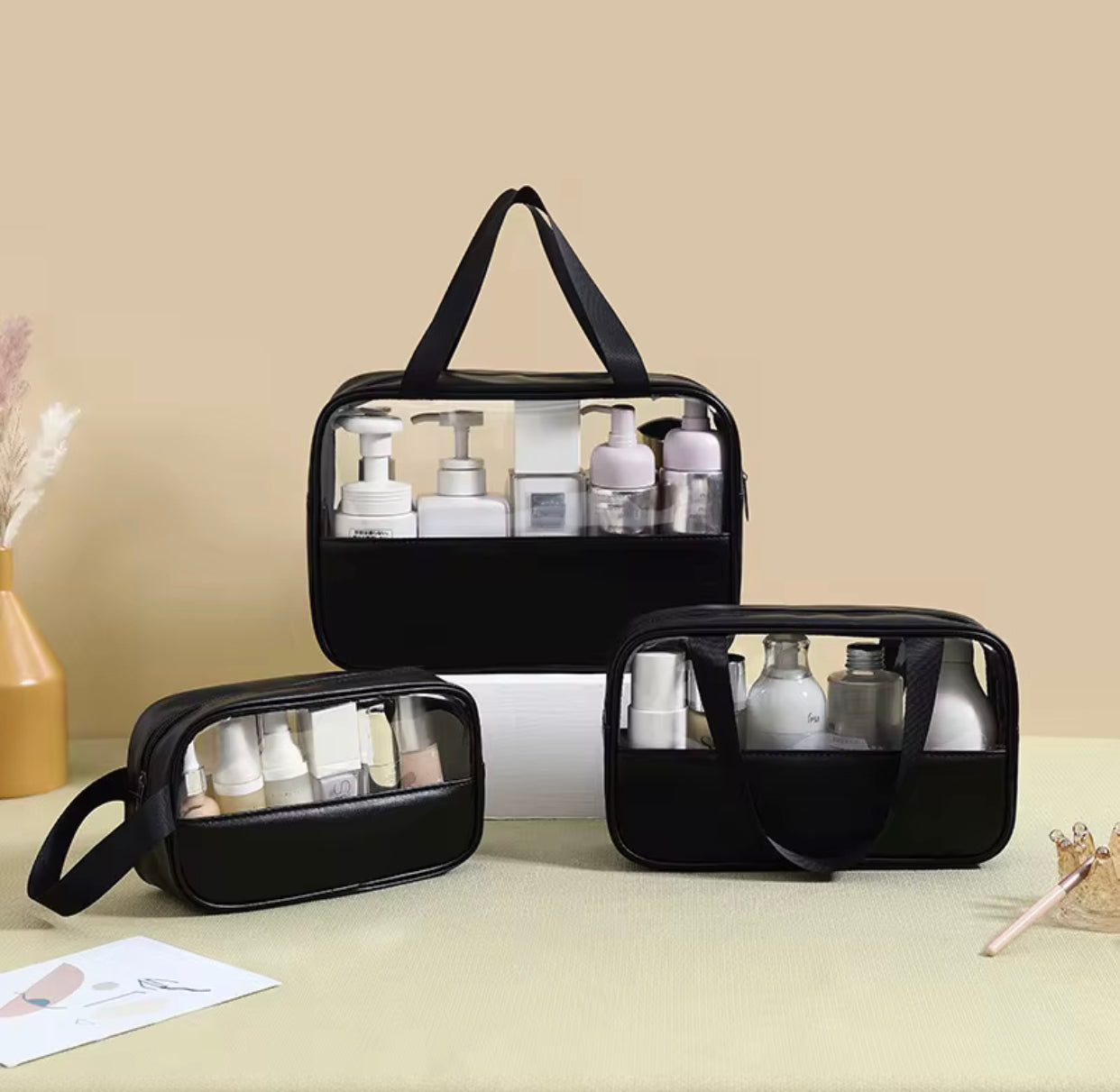 3-Piece Transparent Travel Cosmetic Toiletry Bag Set