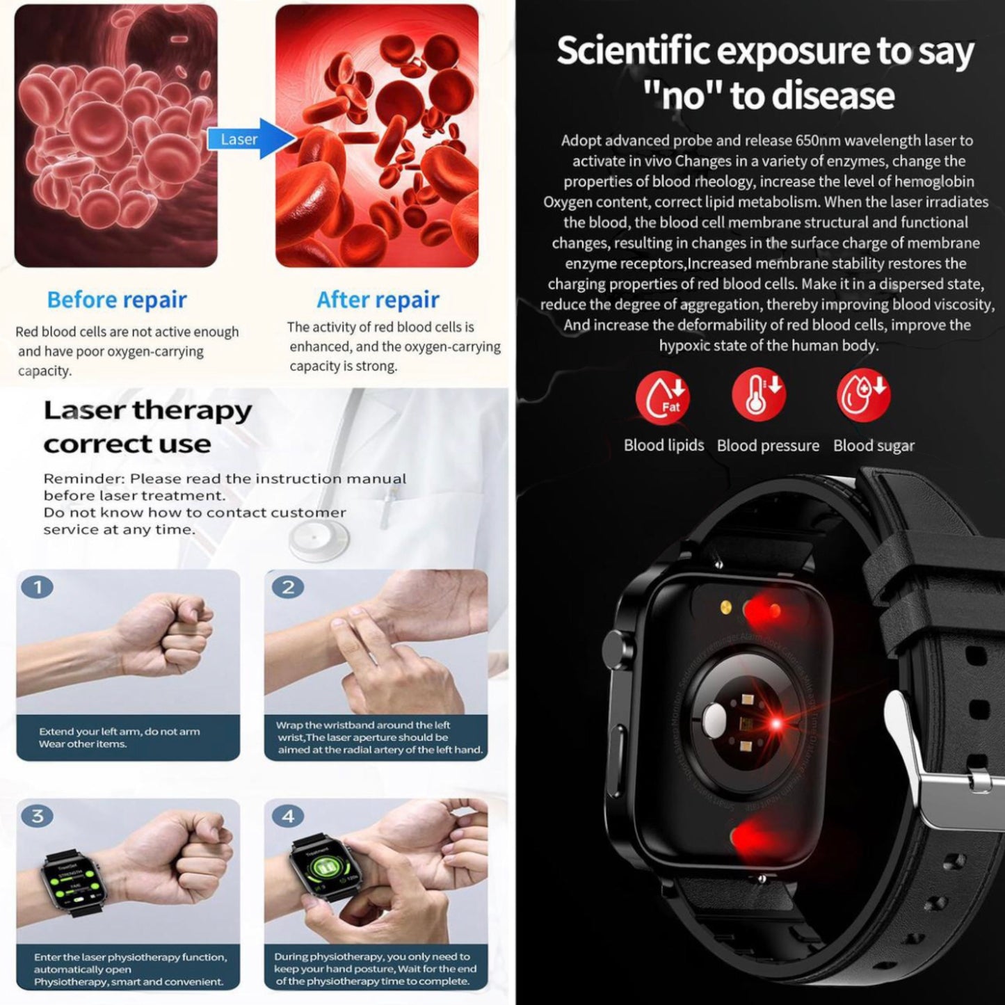 Health Smart Watch - Blood Sugar Monitoring & Laser Physiotherapy