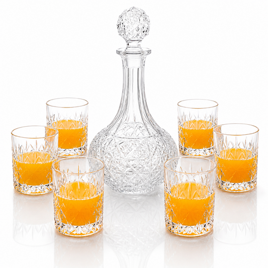 7 Piece Crystal Glass Decanter Set with 950ml Decanter & 6 x 260ml Whiskey Glasses
