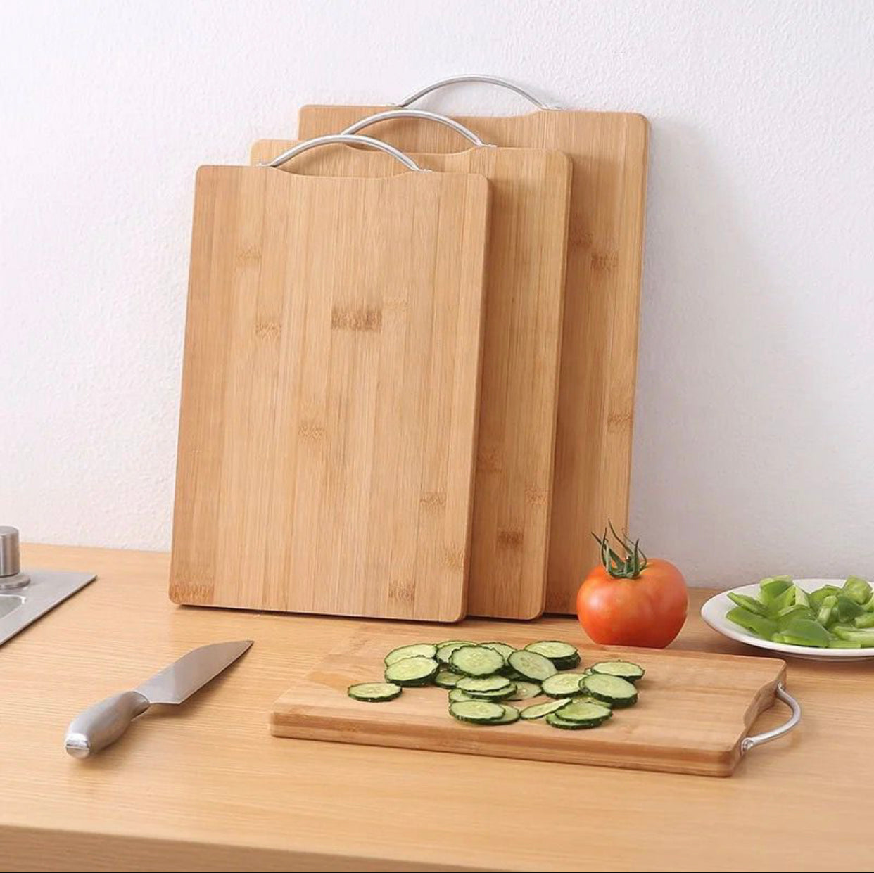 3 Set Bamboo Cutting Board with Stainless Steel Handle