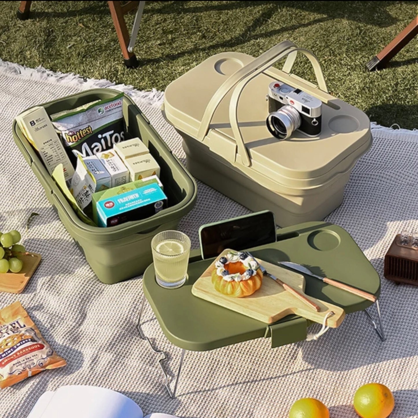 Collapsible Picnic Basket with Lid - Multi-Function Outdoor Camping Gear