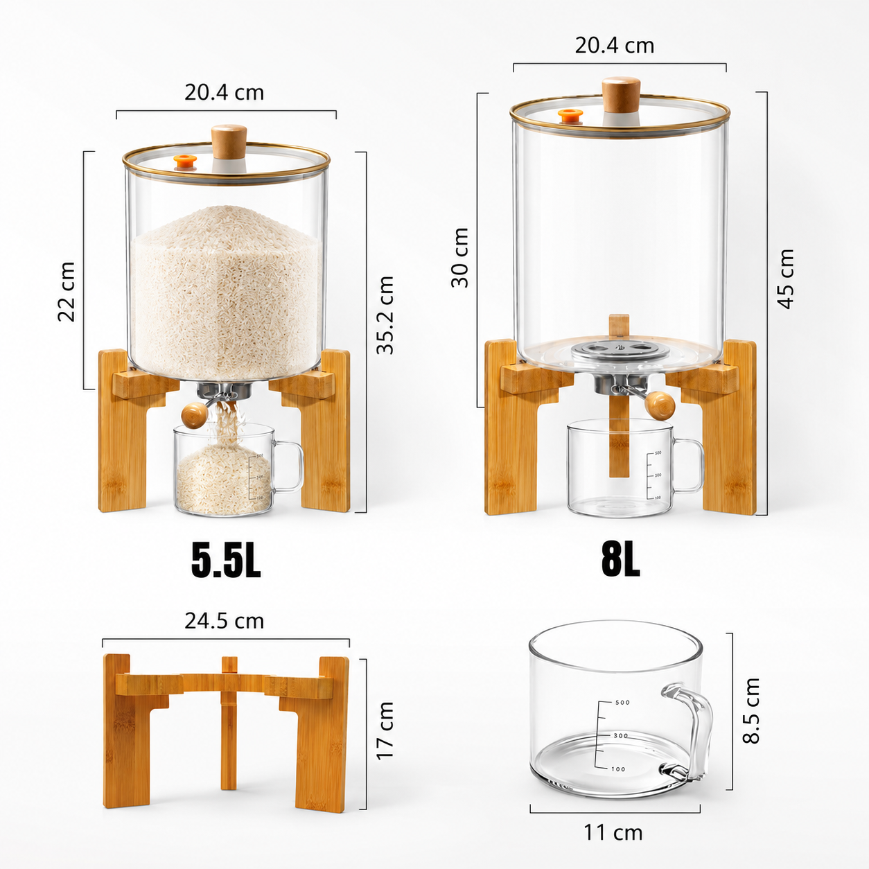 Glass Dry Ingredients Dispenser with Bamboo Stand & Measuring Cup (5.5L / 8L)