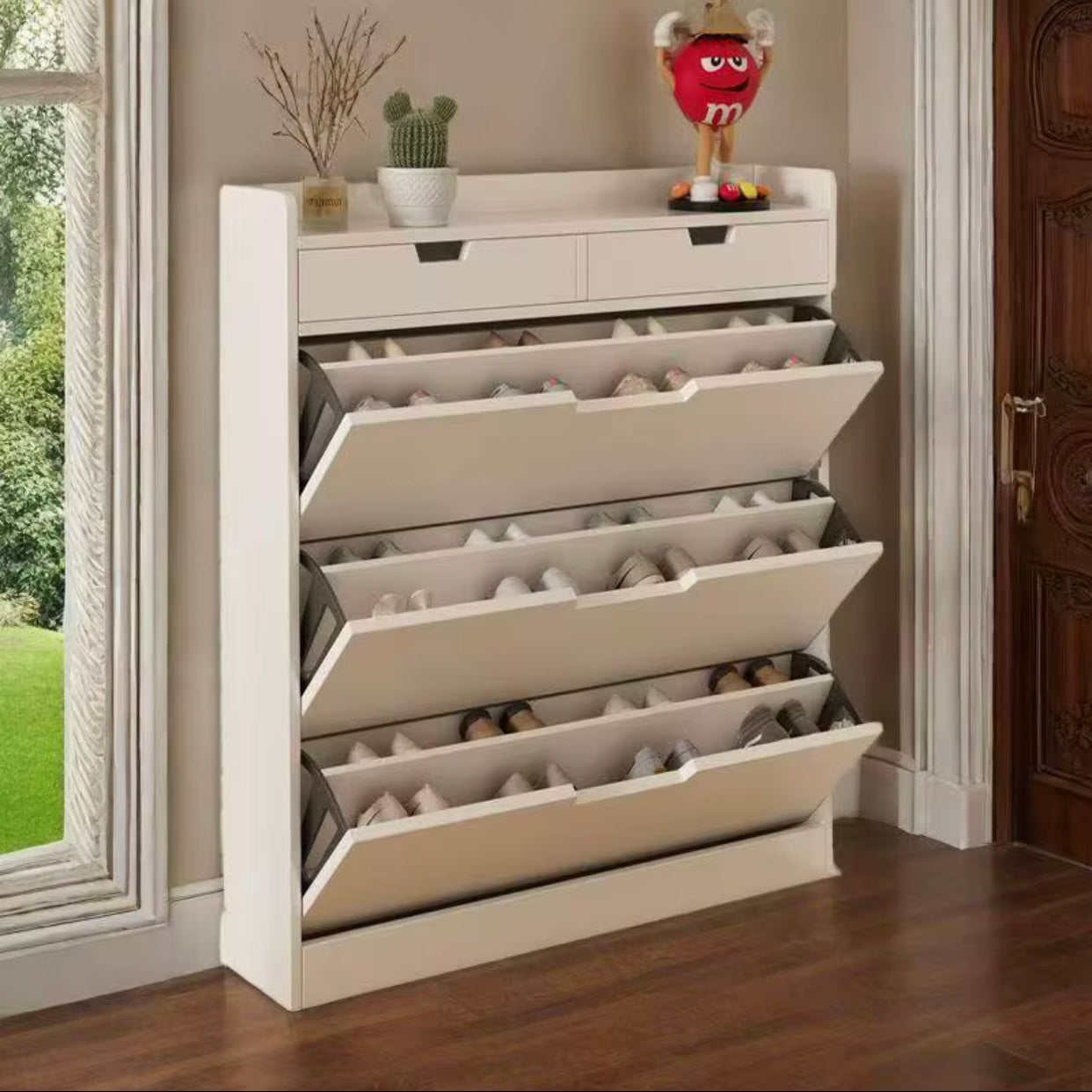 White Wooden Shoe Cabinet with Drawers