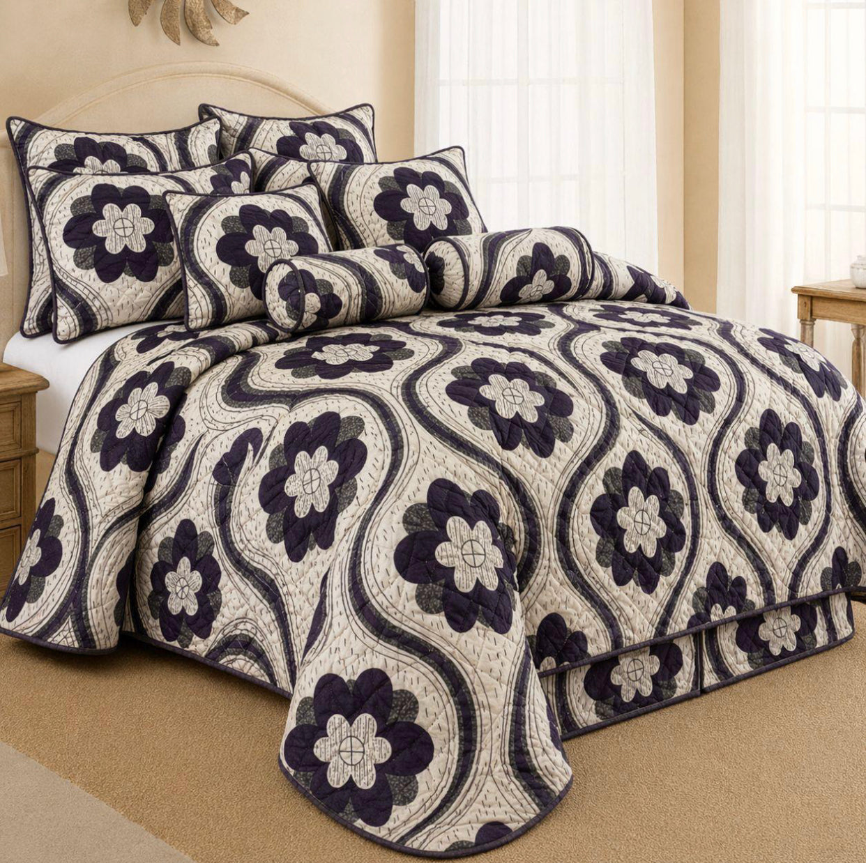 King Size 9-Piece Quilted Comforter Set 230x235cm – Bedding Set with Pillowcases, Cushion Covers & Neck Roll Pillows