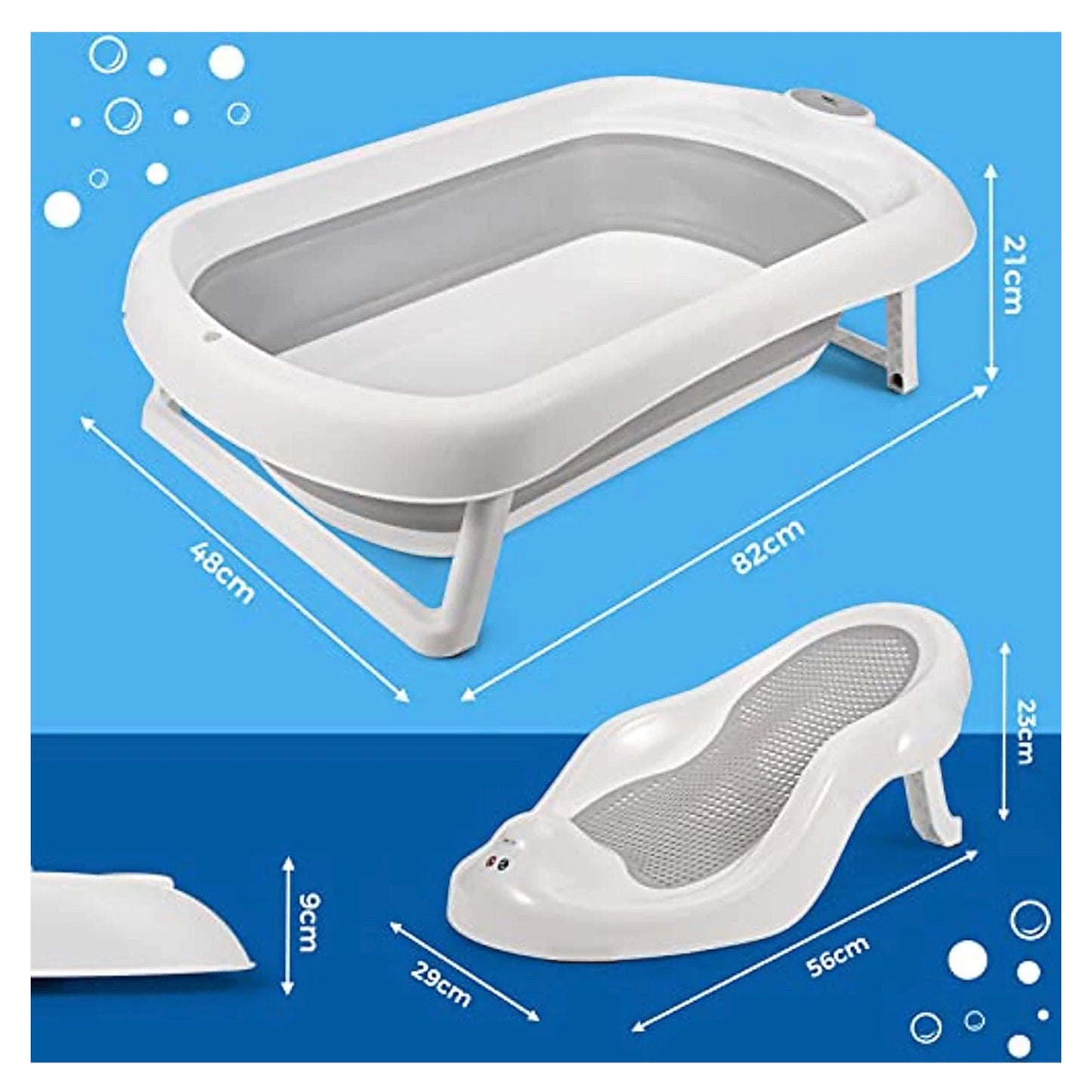 3-piece newborn to toddler bathtub set, featuring a BABY FOLDING or collapsible baby BATHTUB, a collapsible baby bucket & a bath seat