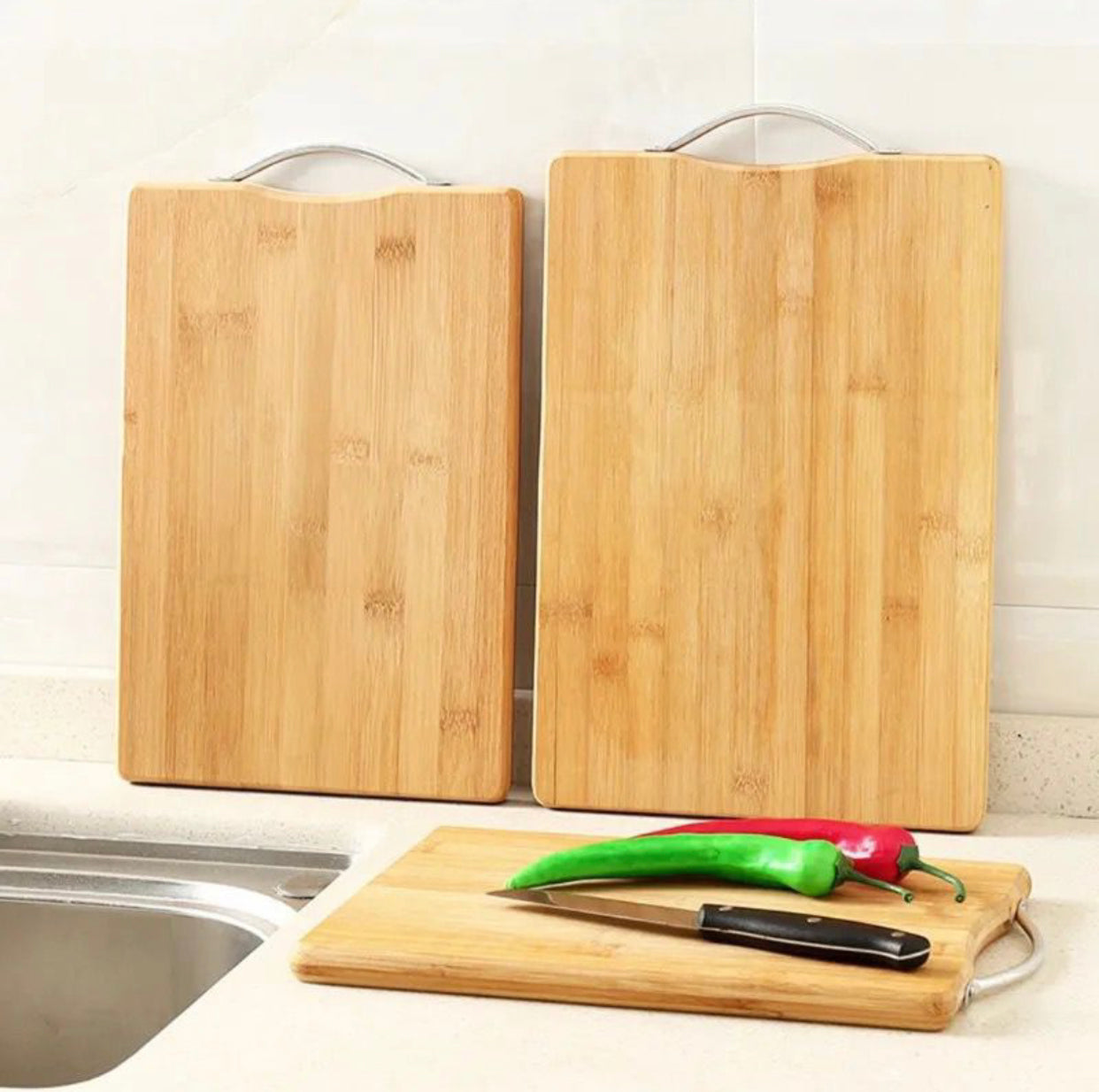 3 Set Bamboo Cutting Board with Stainless Steel Handle