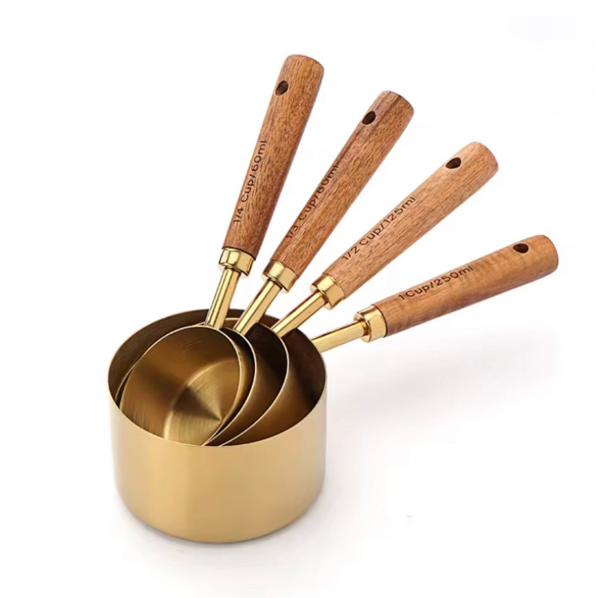 Gold Stainless Steel Measuring Cups & Spoons Set with Wooden Handles – 8 Piece