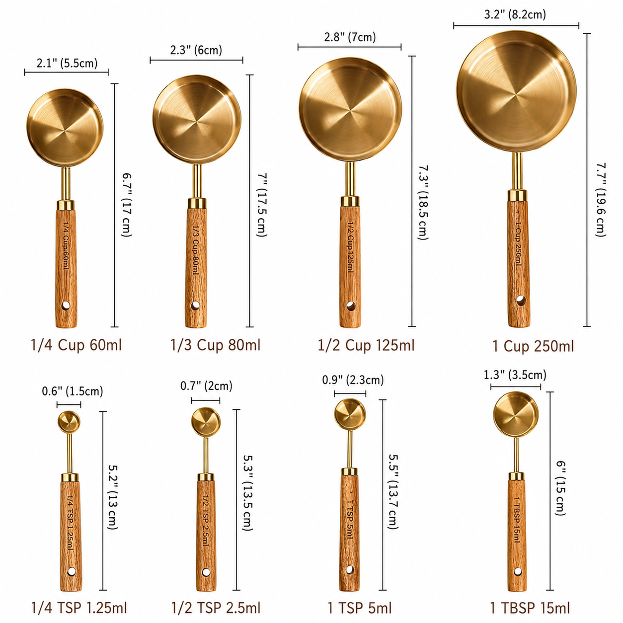 Gold Stainless Steel Measuring Cups & Spoons Set with Wooden Handles – 8 Piece