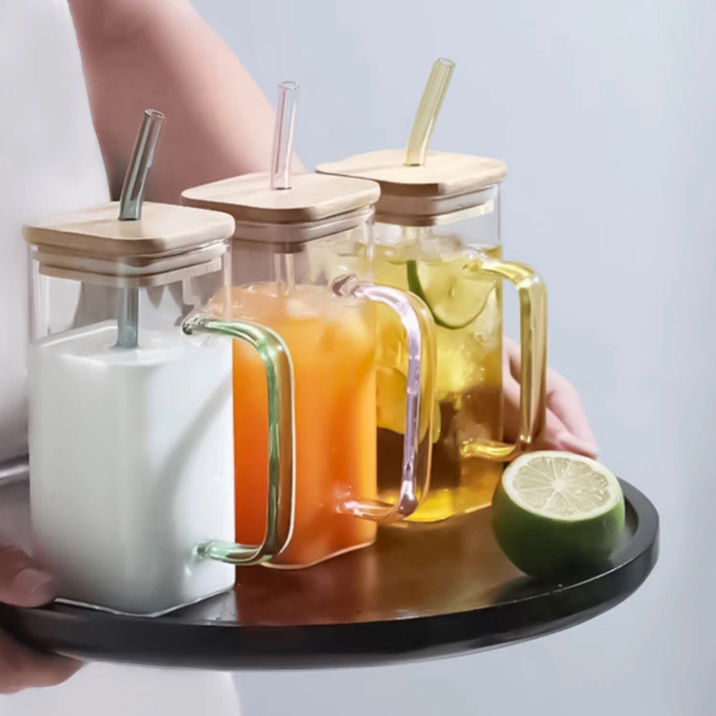 4 set square glass jars with bamboo lids and glass straws