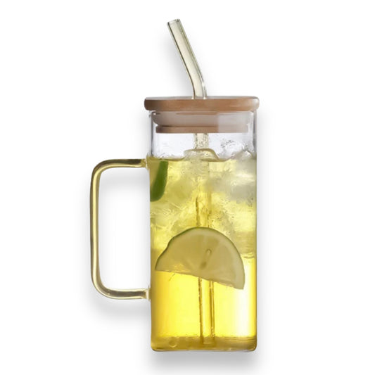 4 set square glass jars with bamboo lids and glass straws
