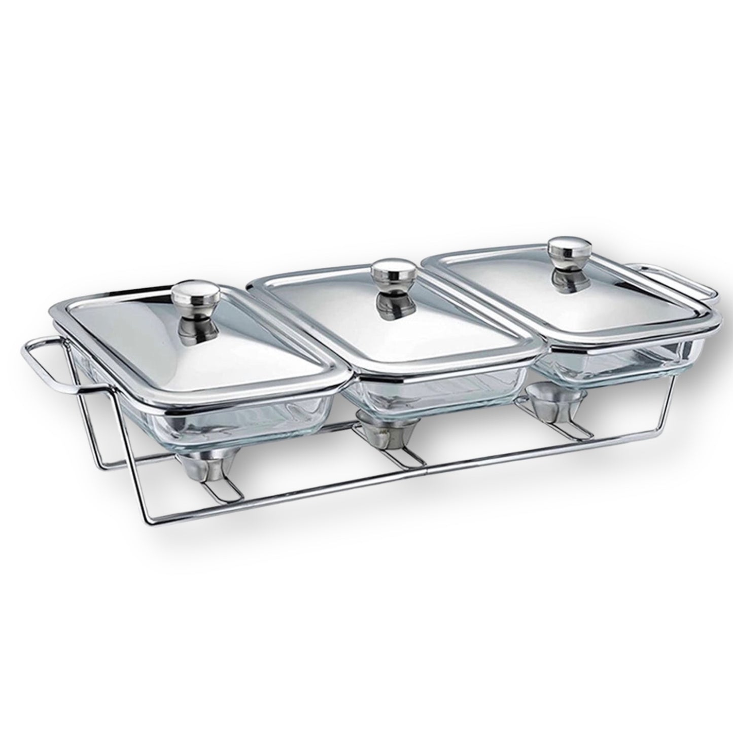 Triple glass chafing dish set with heating element