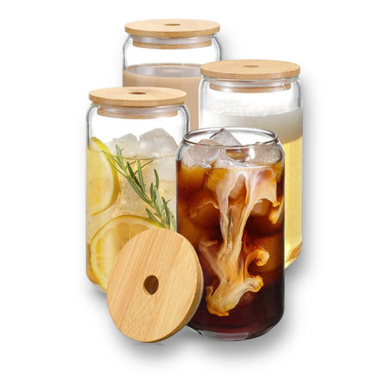 4 set glass smoothie jars with bamboo lid and glass straws