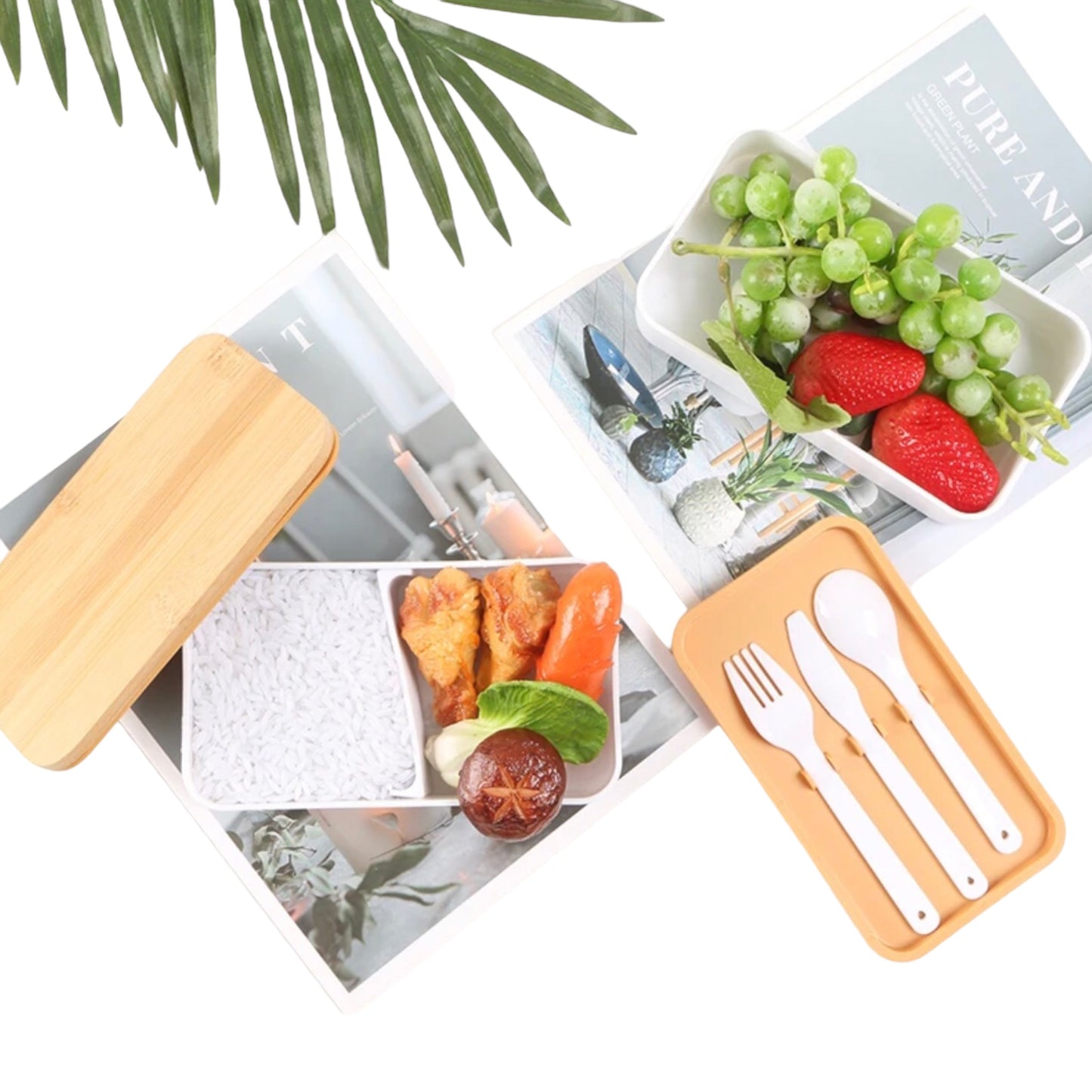Double decker lunchbox set with bamboo lid