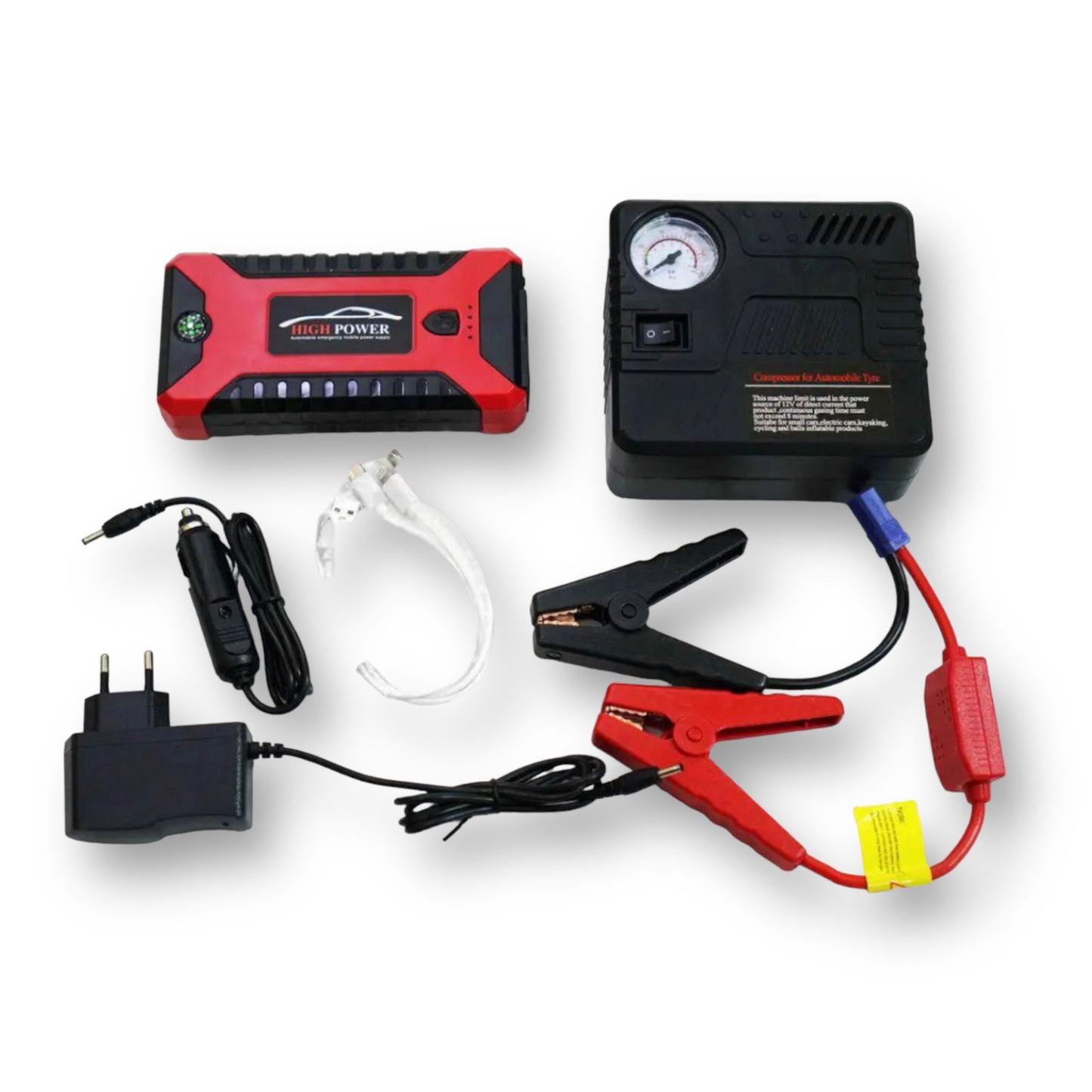 Car jumpstart emergency and tyre inflator kit