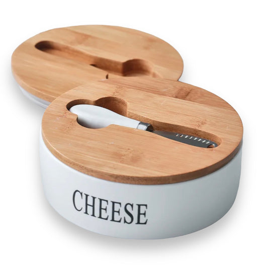 Round ceramic sealable cheese dish with bamboo lid