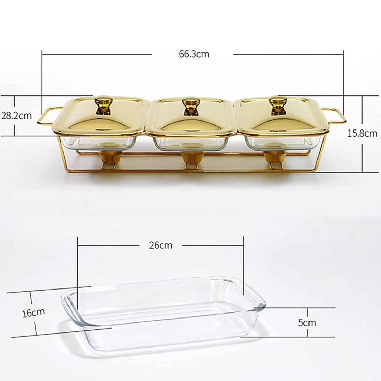 Triple glass chafing dish set with heating element