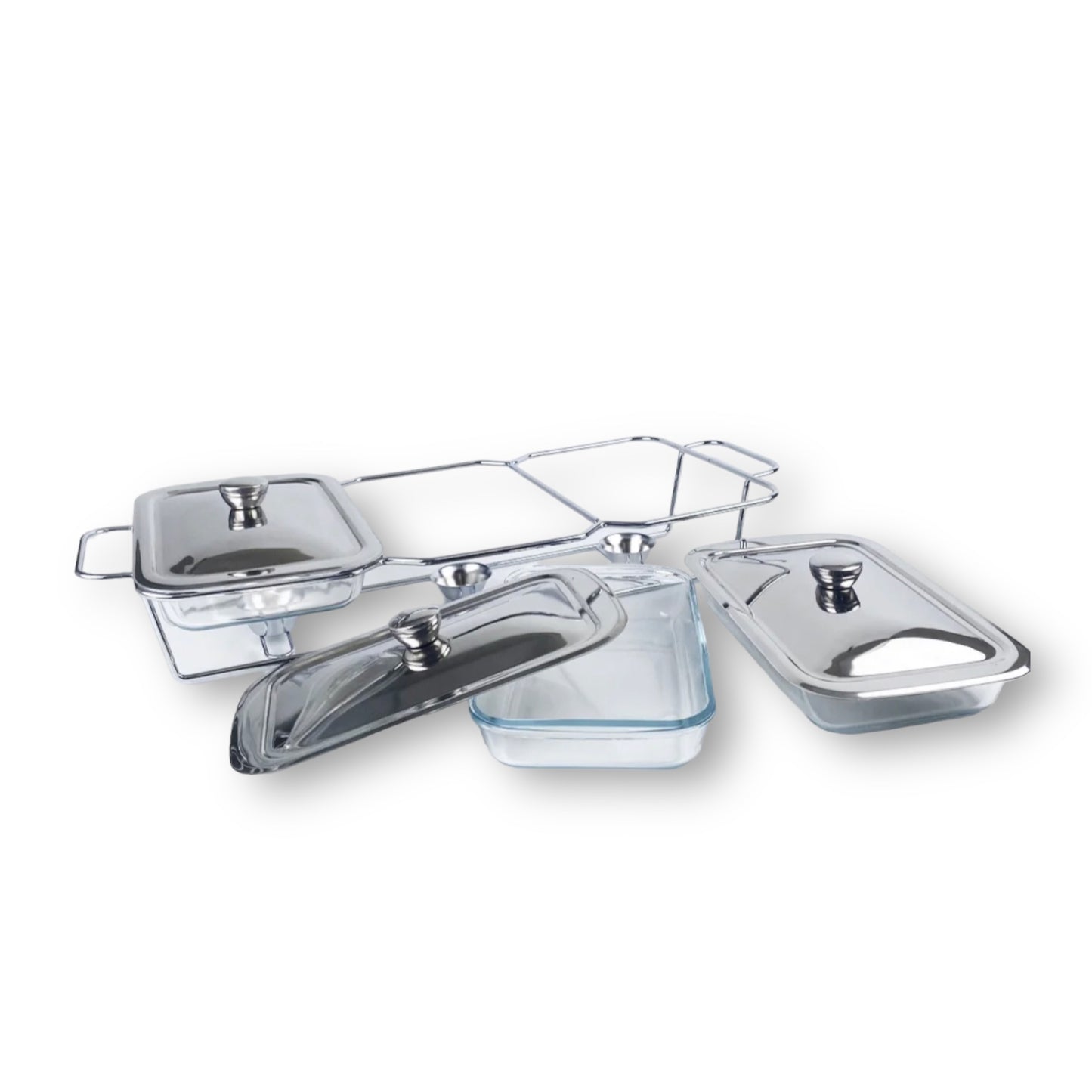 Triple glass chafing dish set with heating element