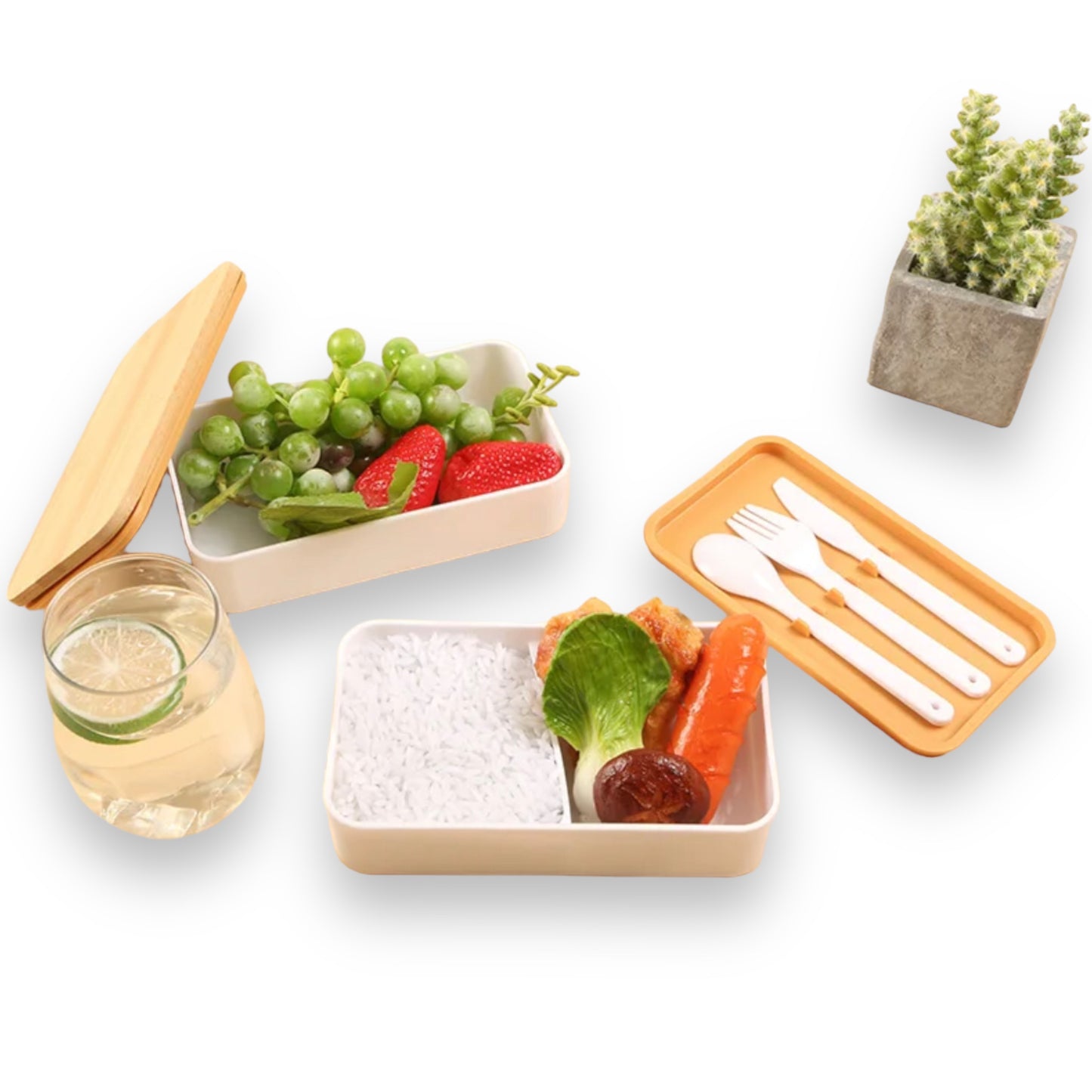 Double decker lunchbox set with bamboo lid