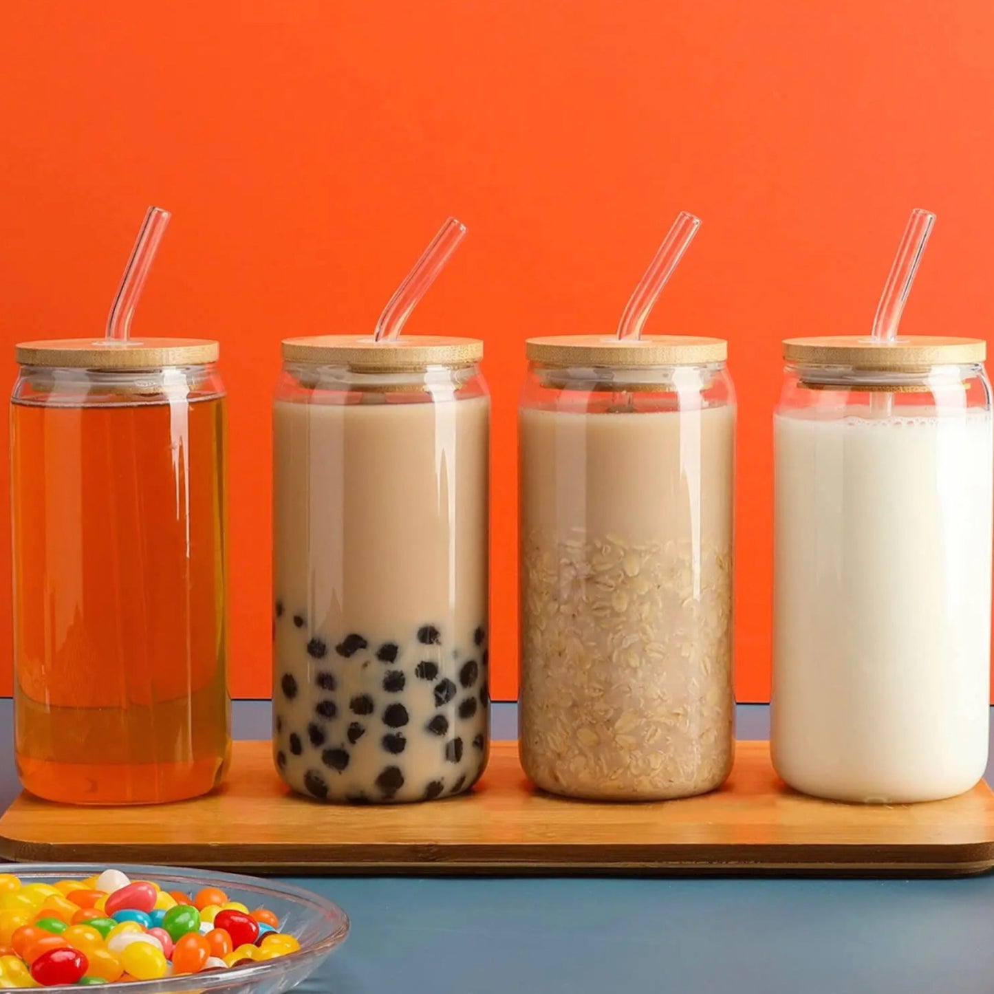 4 set glass smoothie jars with bamboo lid and glass straws