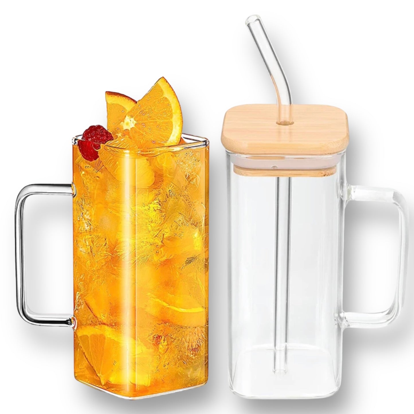 4 set square glass jars with bamboo lids and glass straws