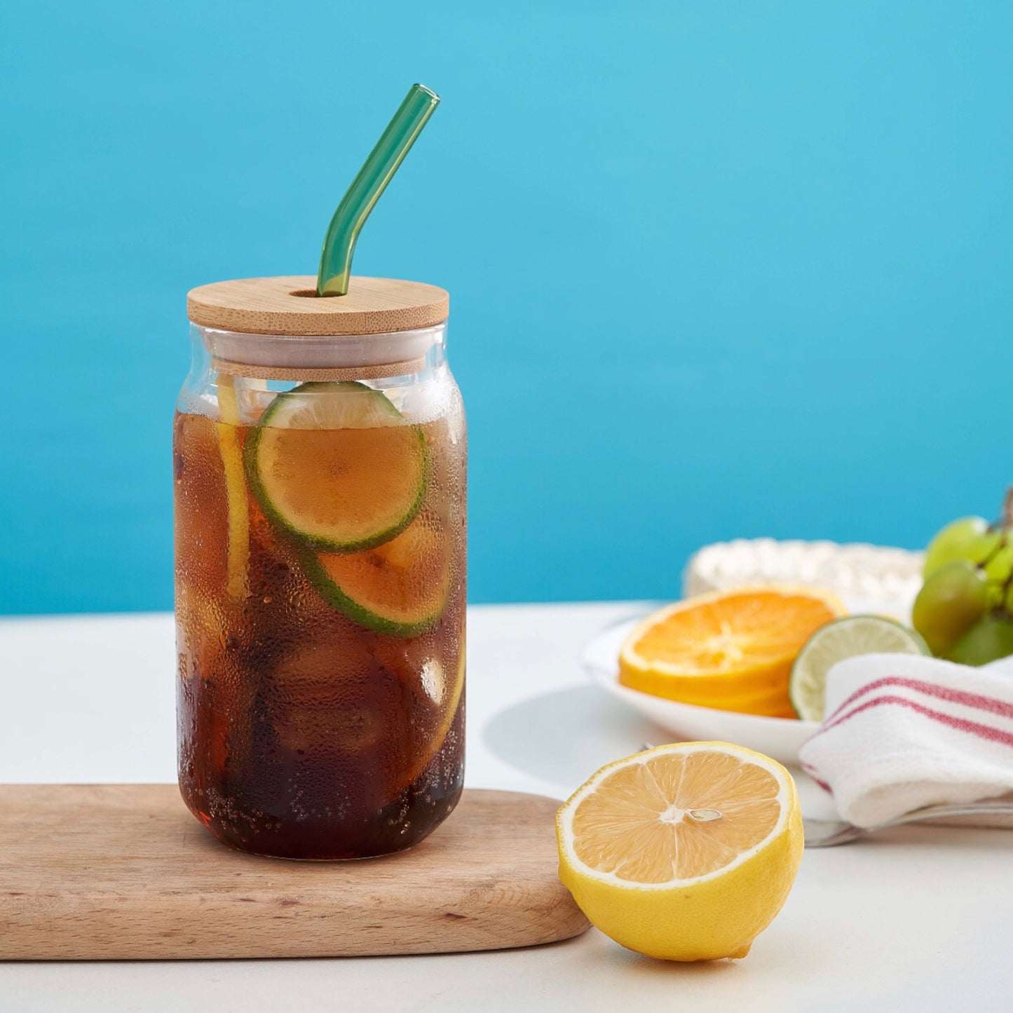 4 set glass smoothie jars with bamboo lid and glass straws