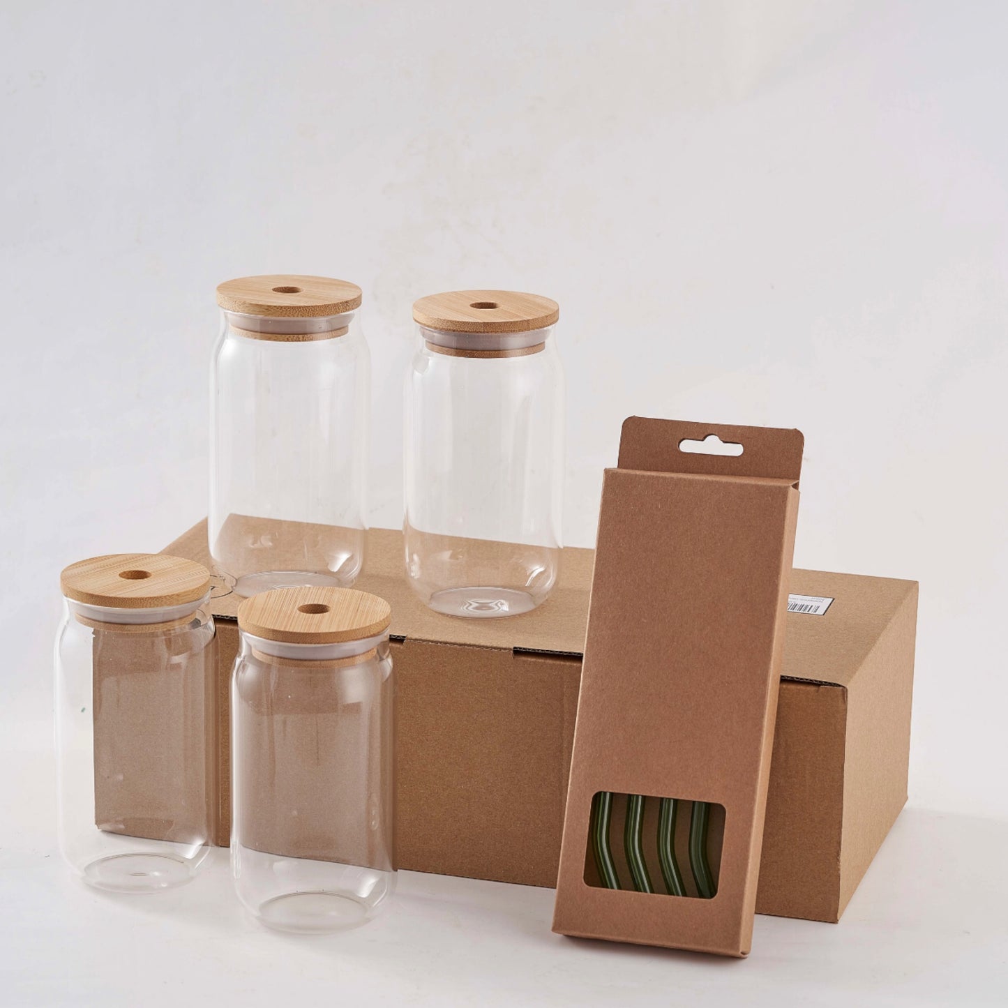 4 set glass smoothie jars with bamboo lid and glass straws