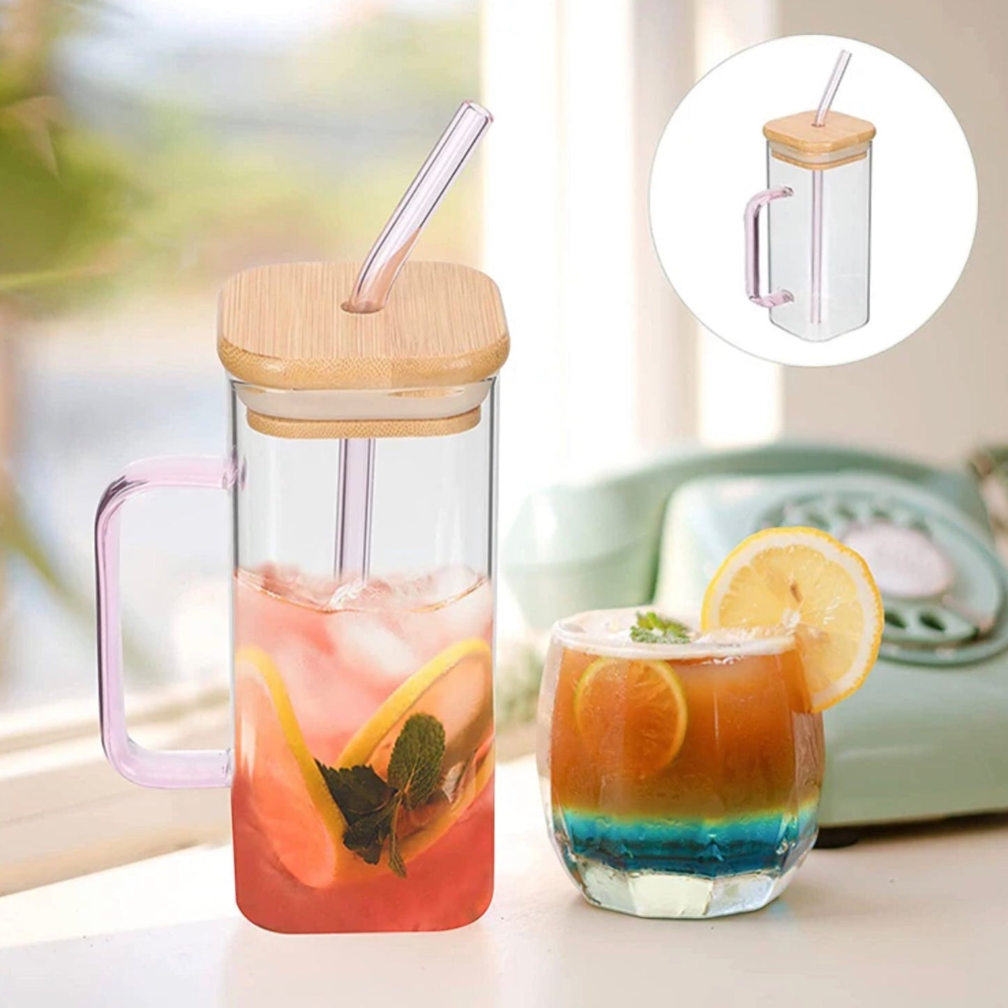 4 set square glass jars with bamboo lids and glass straws